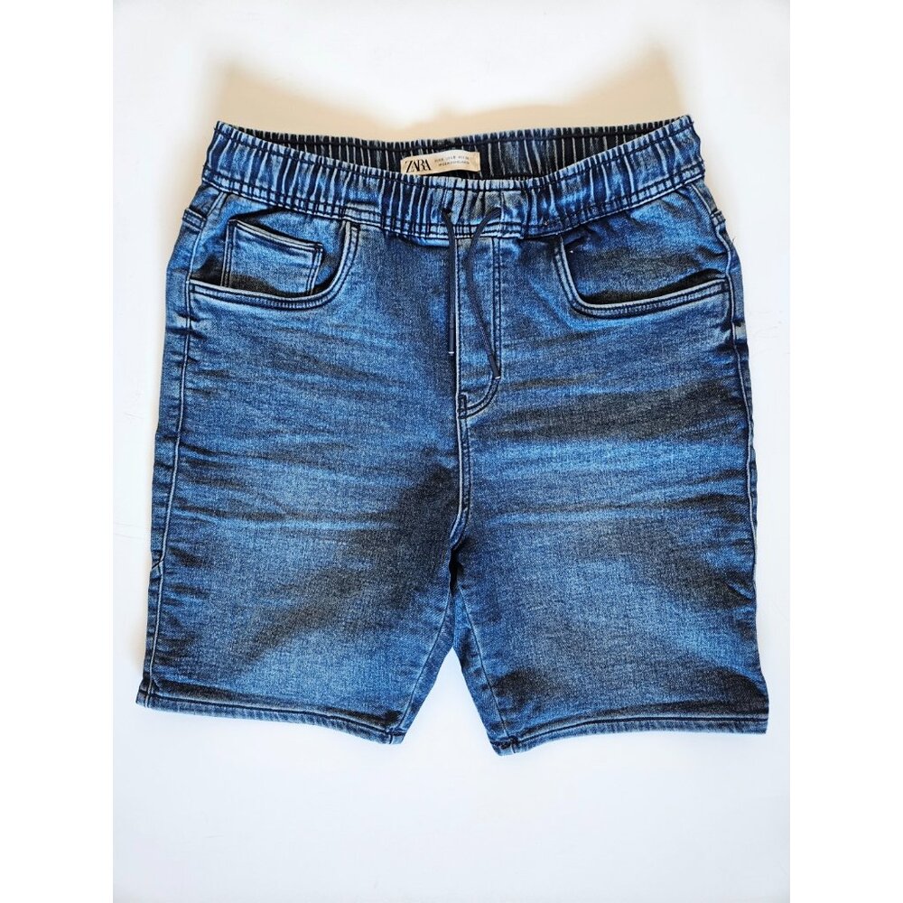 ZARA Men’s Denim Shorts Blue Acid Wash Elastic Waist Drawstring Size S Small 30